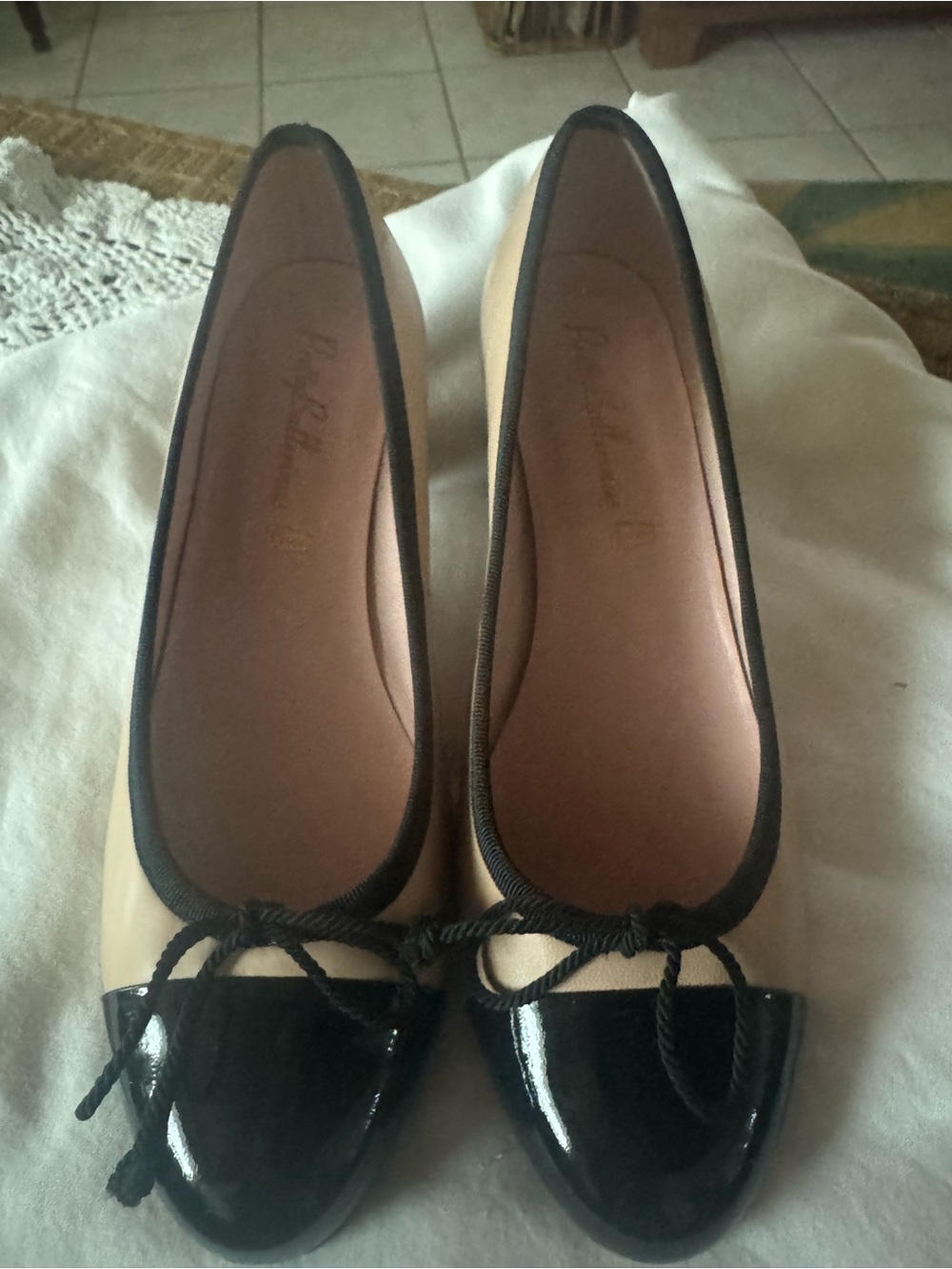 Pretty Ballerinas Two-Tone Patent Toe Heels in Cream and Black
